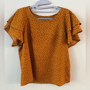 Polka Dot Ruffle Sleeve Top | Brown | S